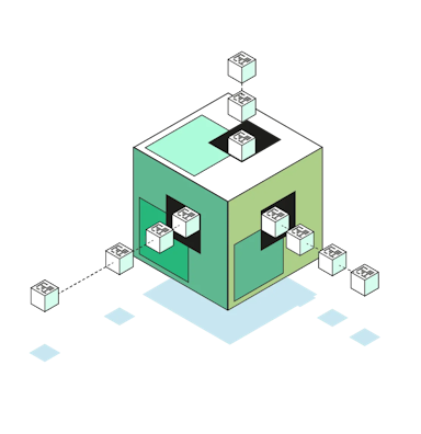 Redistribute Profits. Cube with arrows and more smaller cubes.